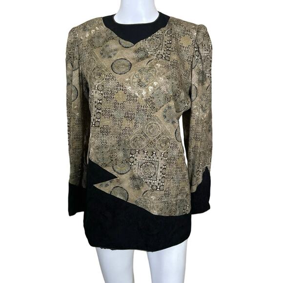 Vintage Tops - Vintage Ungaro Silk Black Beige Metallic Patchwork Print Long Sleeve Top Size 10